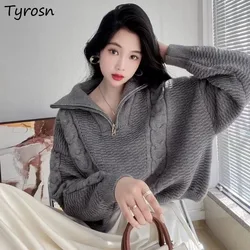Turtleneck Pullovers Women Loose Chic Twist Knitting Zipper Design All-match Autumn Winter Tops Female Fashion Daily Slouchy Ins