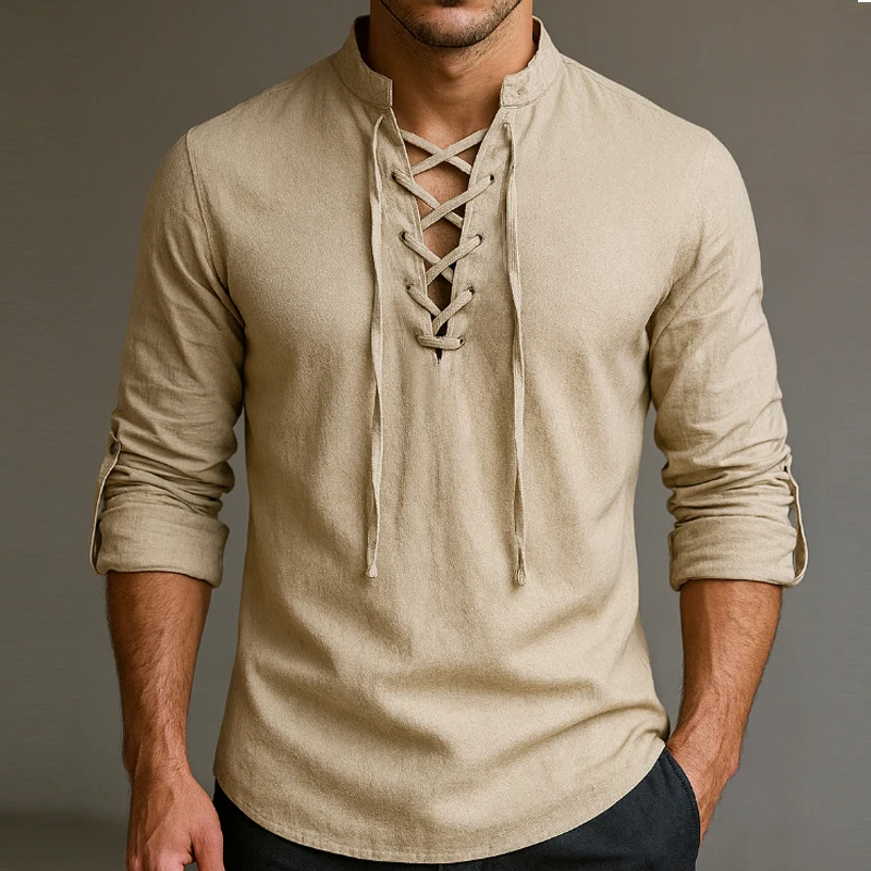 Men's Renaissance Shirt Pirate Medieval Viking top Cotton Linen Shirts Men Long Sleeved Halloween Costume