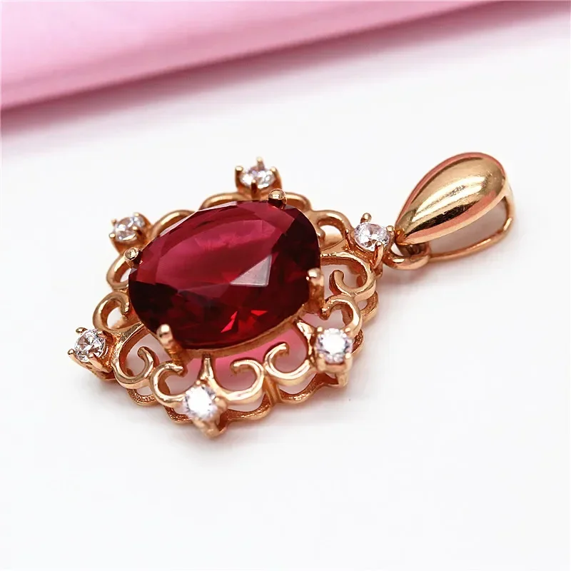 585 Purple Gold Inlaid Ruby Pendant Court Style Plated 14K Rose Gold High-end Elegant Openwork Design Wedding Jewelry for Women