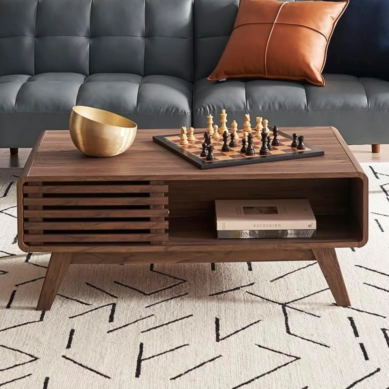 

Dual-Side Storage Coffee Table – Mid Century Modern Fluted Wood Table with 4 Compartments for Living Room, Customized