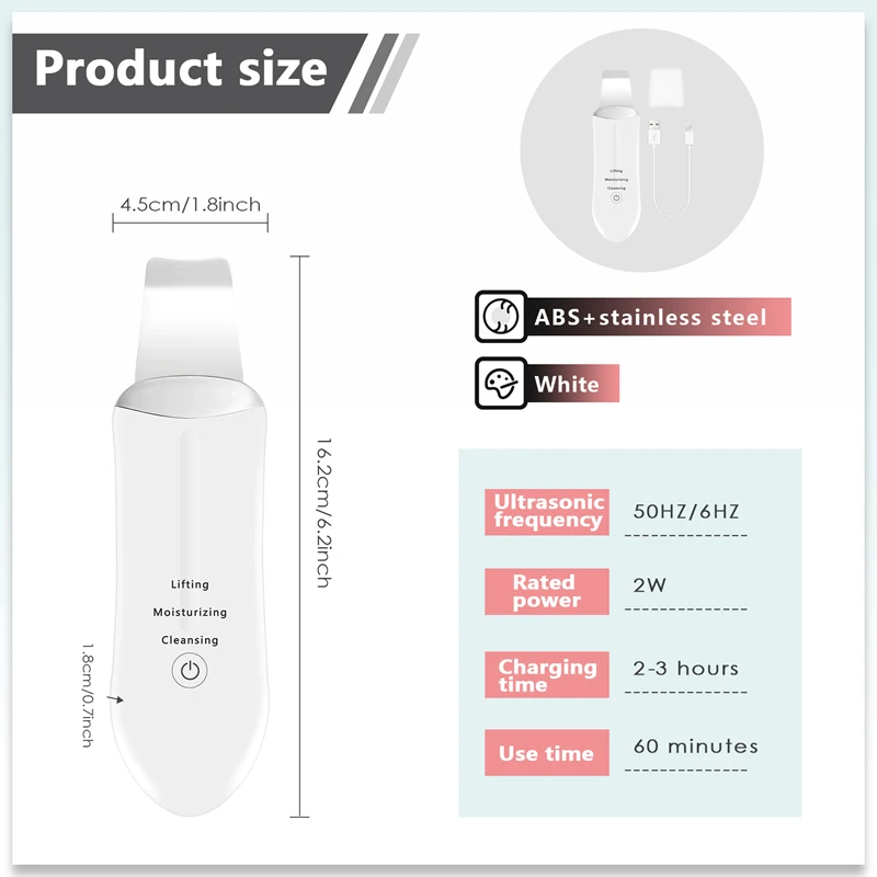초음파 얼굴 피부 스크러버 뷰티 기계, 이온 딥 페이스 클리닝 필링 삽, 각질 제거 스킨 케어 장치