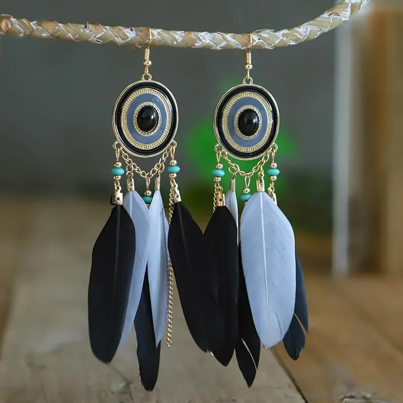 Bohemian Colorful Feather Dangle Earrings For Women Ethnic Long Chain Tassel Drop Earring Girls Vacation Jewelry Gift