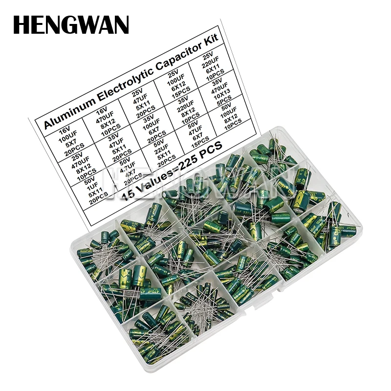 225pcs/Box High Frequency Low ESR Aluminum Electrolytic Capacitor Kit 15Values 16V-50V 1uF-470uF Capacitance DIP Assorted Set