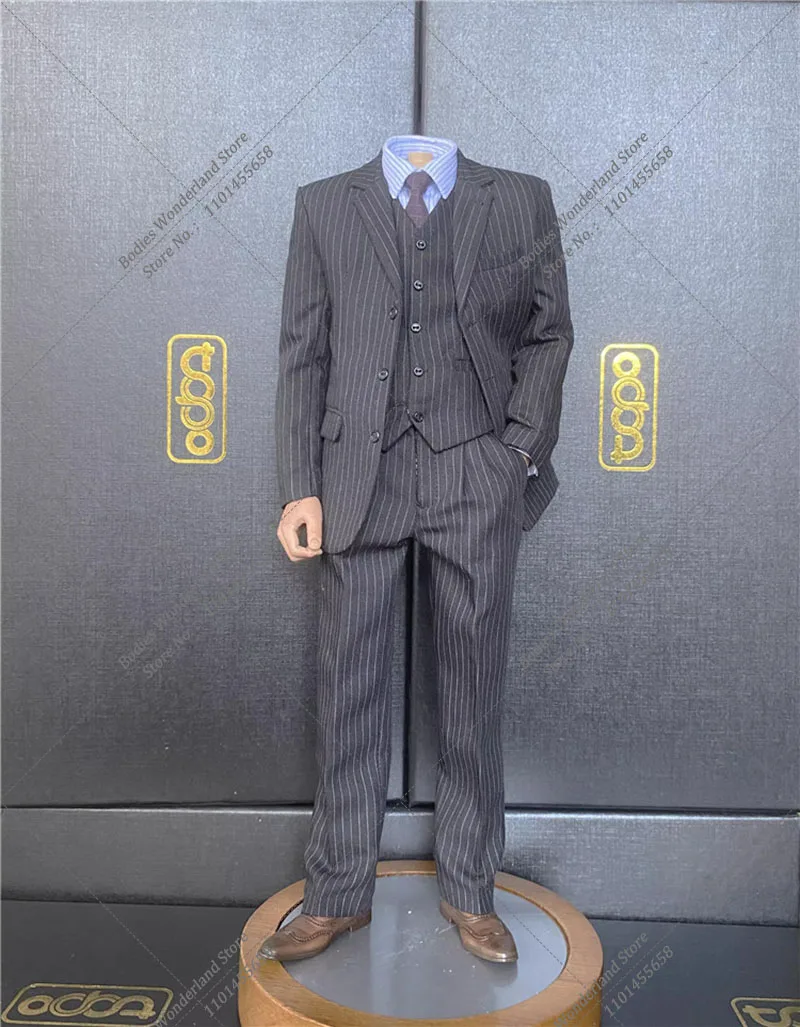 TOPO TP012 1/6 Scale Men Solider Gray Striped Suit Male Clothes Set Model with Leather Shoes Fit 12'' Soldier Action Figure Body