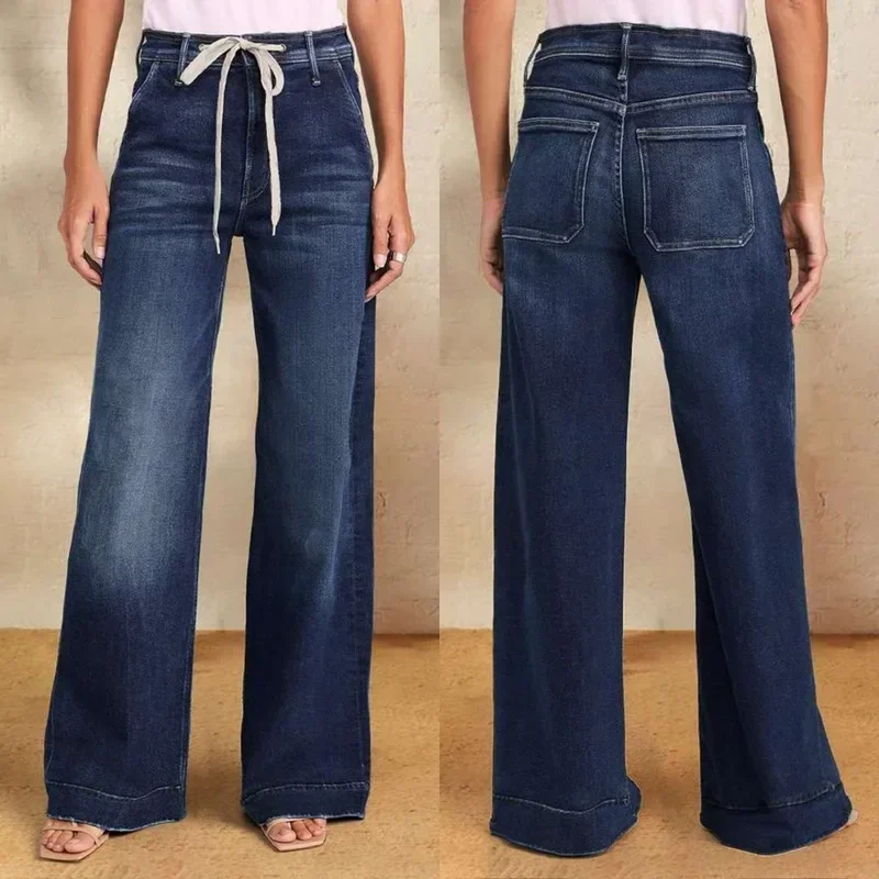 

Women's Spring New Lace-up Elastic Jeans Straight Temperament Wide-leg Trousers