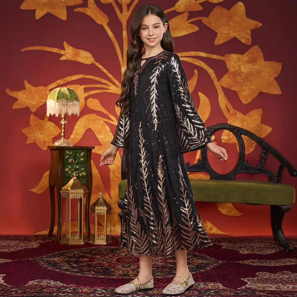 Muçulmano crianças meninas lantejoulas vestido robe ramadan eid djellaba islâmico crianças roupas árabe abaya turquia marrocos festa vestido solto