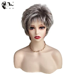 Short Mixed Grey Natural Wave Fluffy Hair Synthetic Wig With Bangs For Women Pixie Cut Natural Wavy Heat Resistant Cosplay Wigs