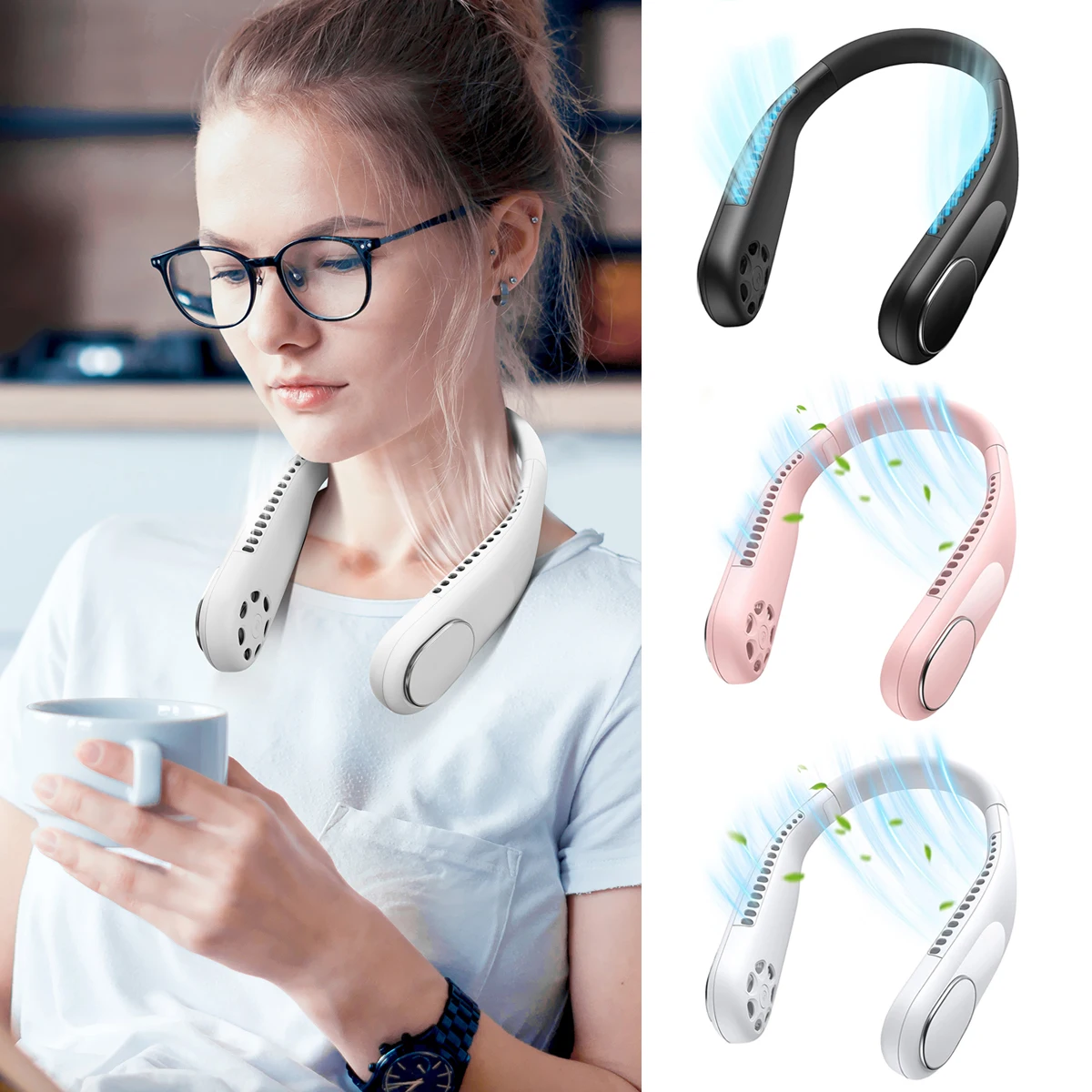 

Портативный шейный вентилятор емкостью 4000 мАч, без лопастей, изношенный через USB перезаряжаемый воздушный охладитель, 3-скоростная регулировка, подходит для занятий спортом на открытом воздухе, путешествий