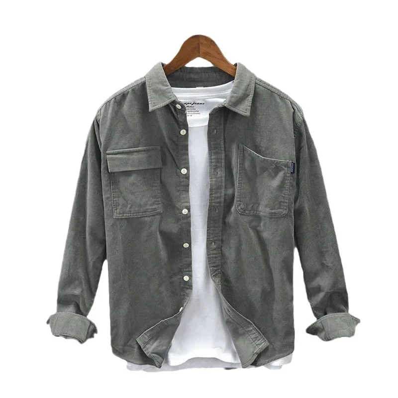 Korean Vintage Corduroy Shirt Men\'s Cargo Jacket Casual Spring Long Sleeved Loose Casual Shirt Coat Y2k Fashion Men Clothing