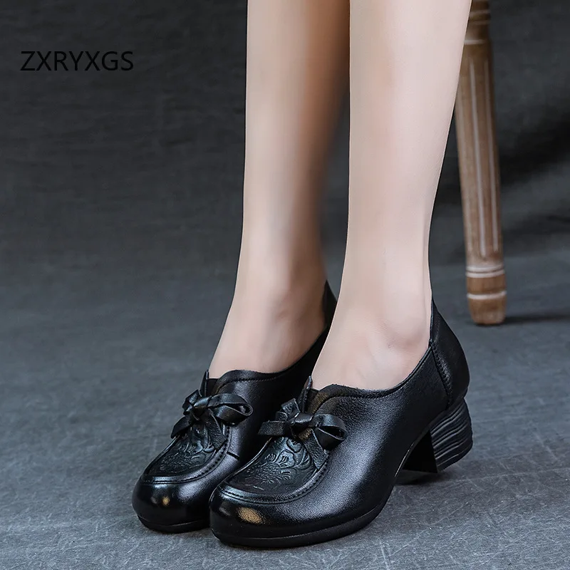 

ZXRYXGS 2026 New Top Layer Soft Cowhide Deep Mouth Bow Elegant Fashionable Shoes Trendy Comfort Office Banquet Shoes Mid Heels