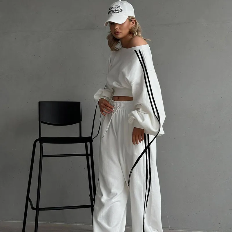 Apprabant Autumn And Winter Sports Casual Two-piece Set Sexy Inclined Shoulder Long Sleeve Hoodie High Waist Loose Pants Suit