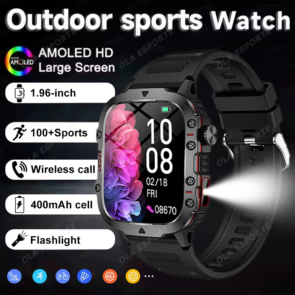 

Военные умные часы, водонепроницаемые, 1,96 дюйма, HD AMOLED-экран, голосовой вызов, спортивные часы, фитнес-часы, фонарик, несколько режимов упражнений