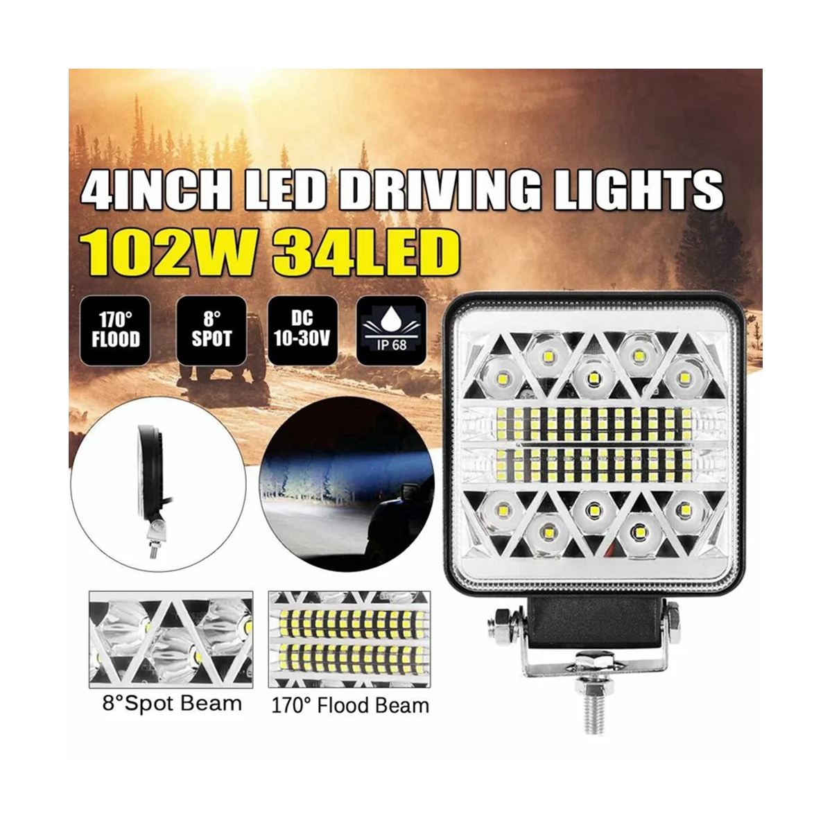 102W 10-30V 4 pollici 34LED barra luminosa da lavoro auto SUV faretto fuoristrada guida fendinebbia lampadina 39800LM 6000K per camion auto