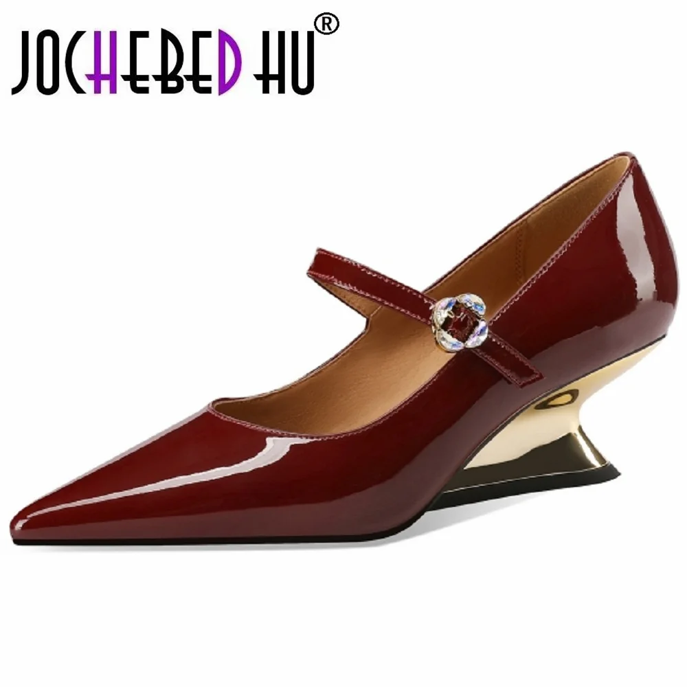 【JOCHEBED HU】Genuine Leather Mary Janes Shoes New Buckle Strap Spring/Autumn Pointed Toe Shallow Pumps Fashion High Heel Handmad