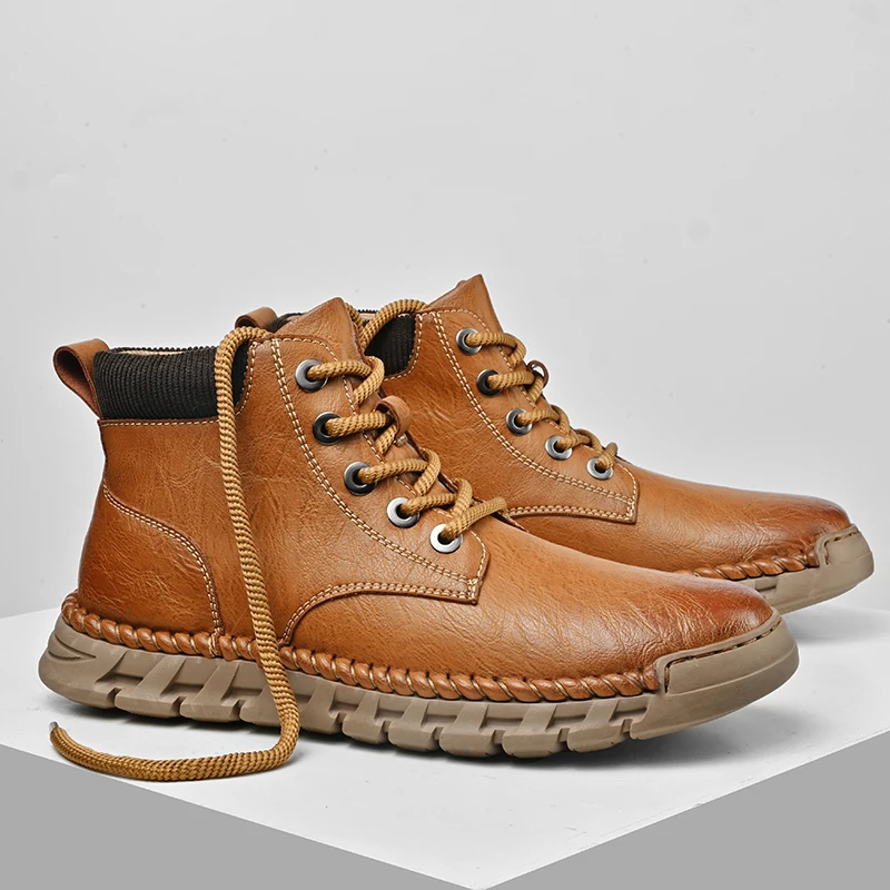 

Autumn Winter Men Cotton Lining Warm High-end Boots Height Increasing Anti Slip Outdoor Fashionable Flat Heel Work Boots