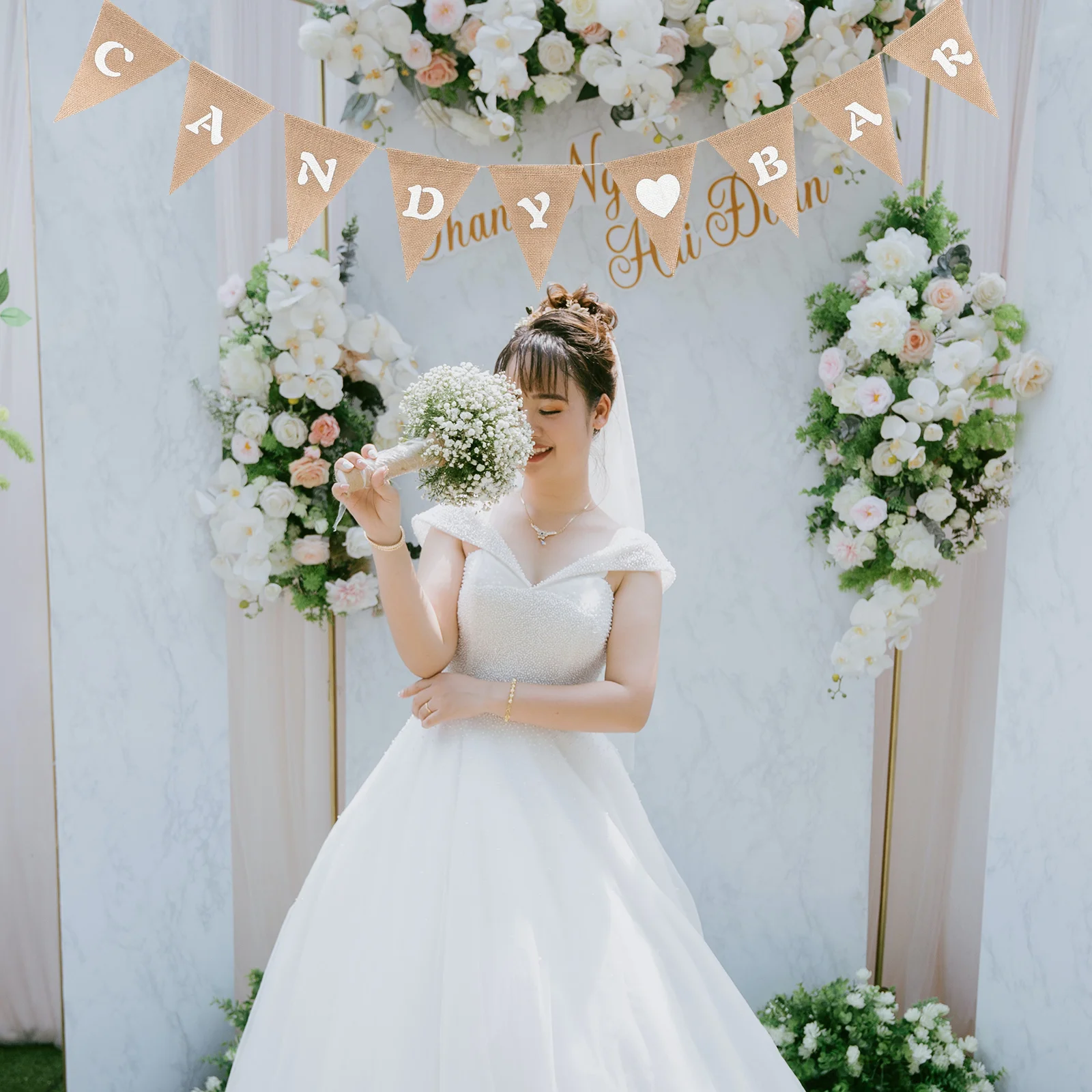 

Burlap Wedding Banner 8 Flags White Brown Candy Bar Decoration Bunting Party Decoration for Tree Candy Bar Banner