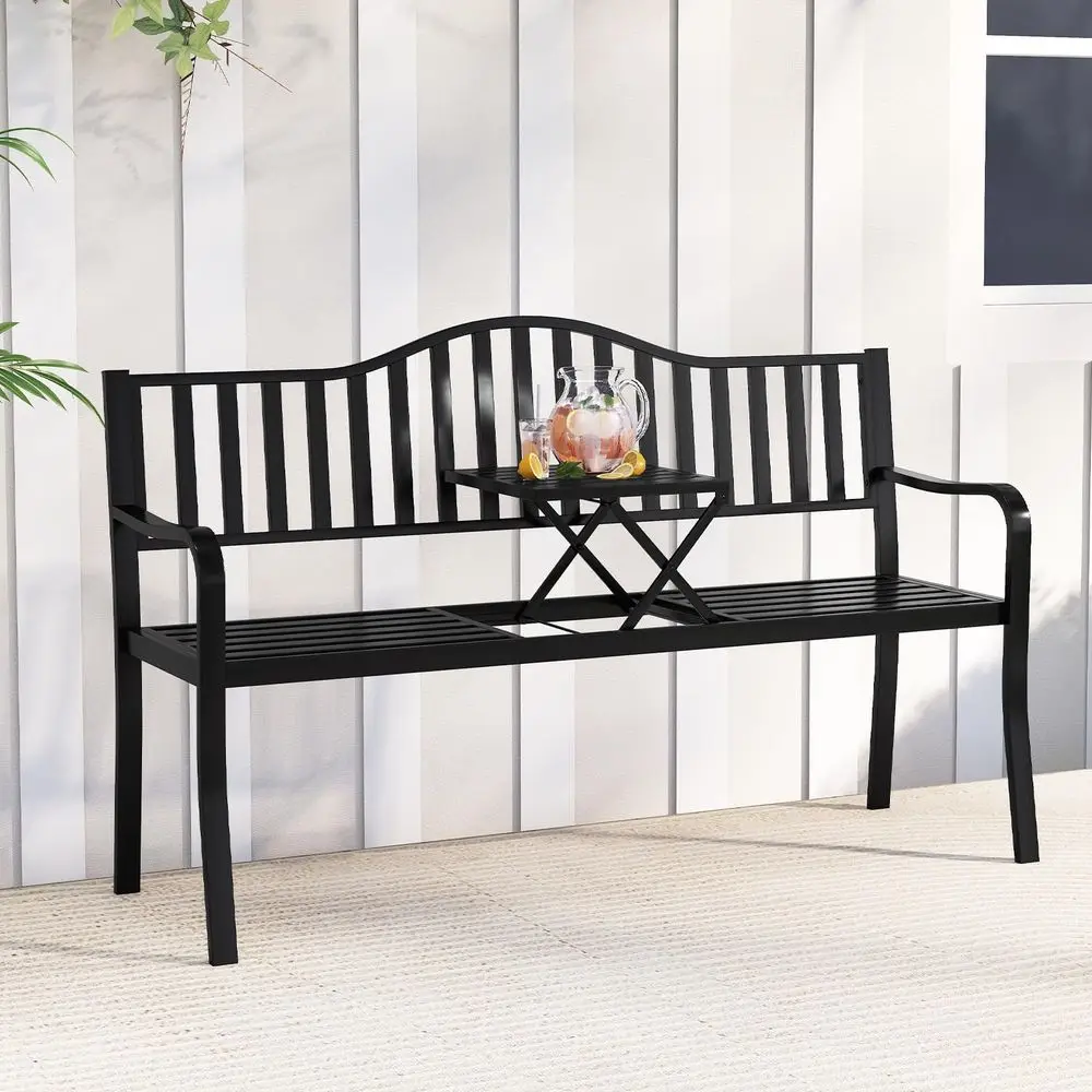 

60 Metal Outdoor Garden Park Bench, HeavyDuty Patio Loveseat Armchair with PullOut Center Table, 23 Person ParkStyle Chair for