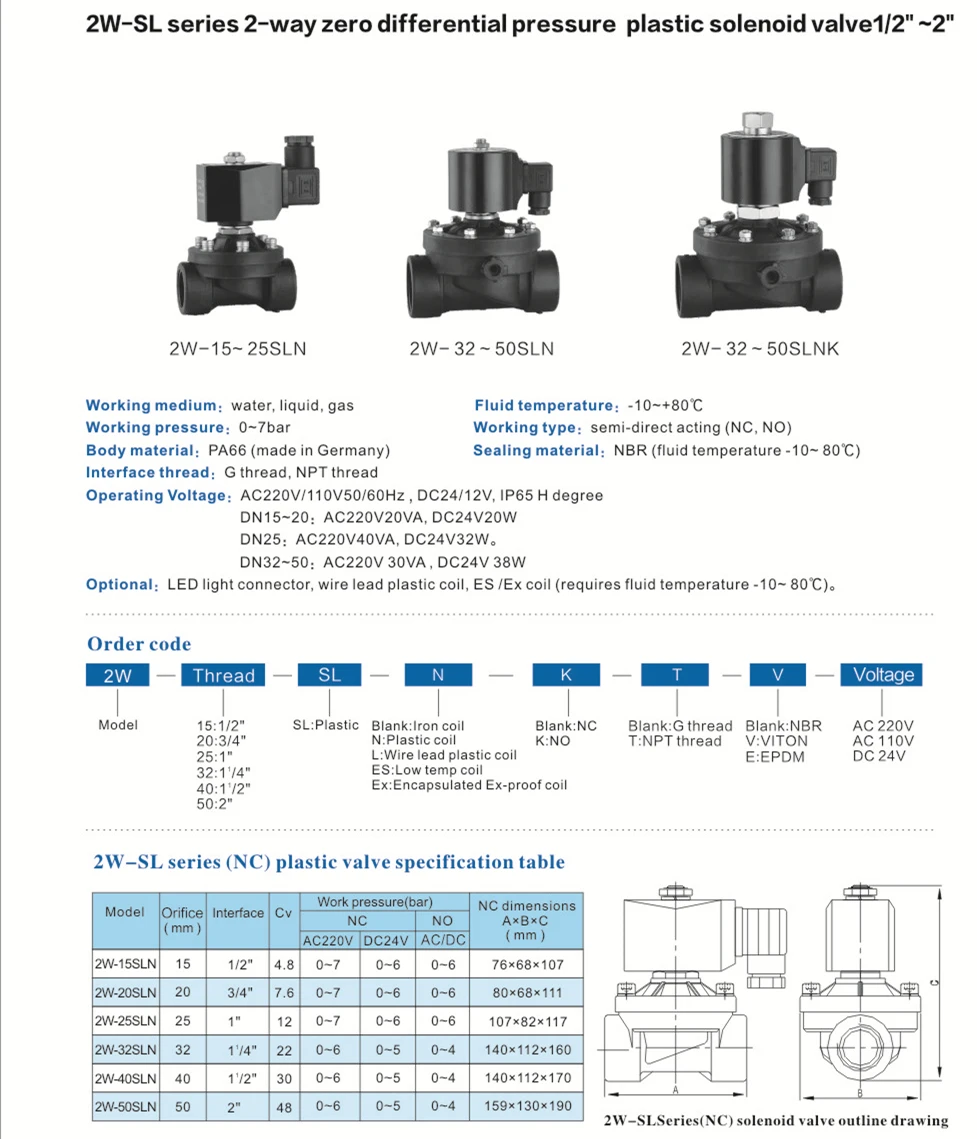 2WSL-15 Plastic Water Solenoid Valve 24 Volt Solenoid Valve