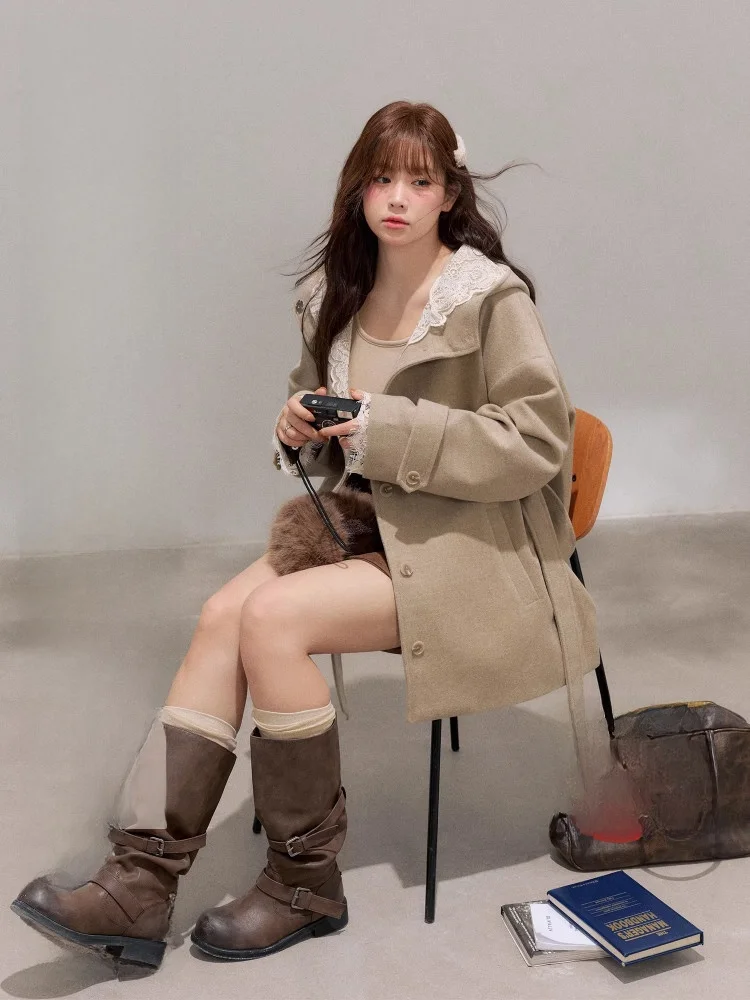 

Женское шерстяное пальто больших размеров с кружевной шляпой, корейская зимняя верхняя одежда для женщин больших размеров