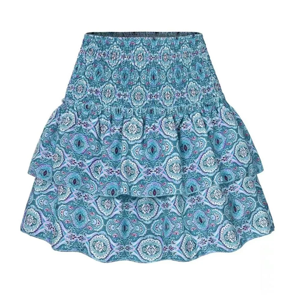

Vintage Floral Pleated Short Skirt Ruffle Summer Spring Mini Skirt High Waist Bohemian Dress Women Girl