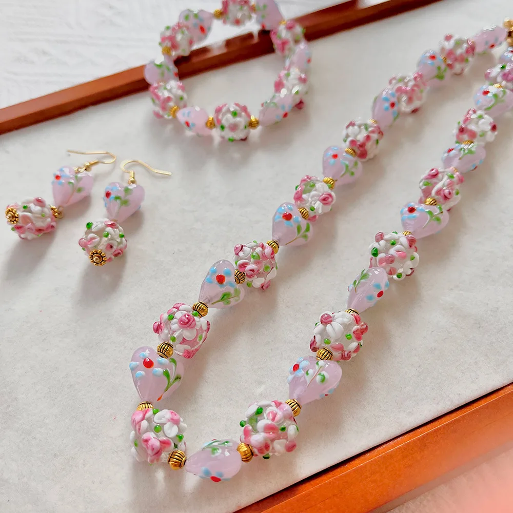 

Vintage Murano pink flower ball with love glazed necklace bracelet ear hook set spring and summer versatile accessories
