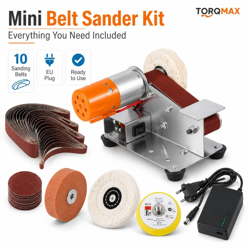 Ponceuse à bande TORQMAX Mini, 7 vitesses réglables, machine à polir et à meuler, aiguiseur de couteaux multifonctionnel 3-en-1 avec accessoires de ponçage complets pour le bricolage à domicile, le polissage du bois et du métal, et le travail d'affûtage.