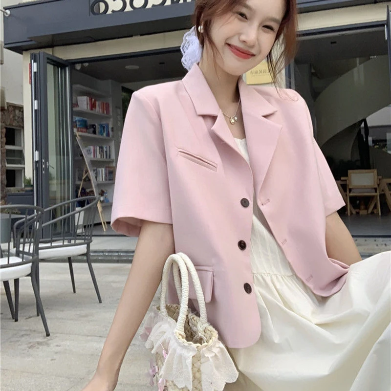 Pink Short Sleeve Suit Jacket Women 2024 Elegant Office Single Breasted Blazer Woman Summer Lapel Collar Casual Cropped Coat