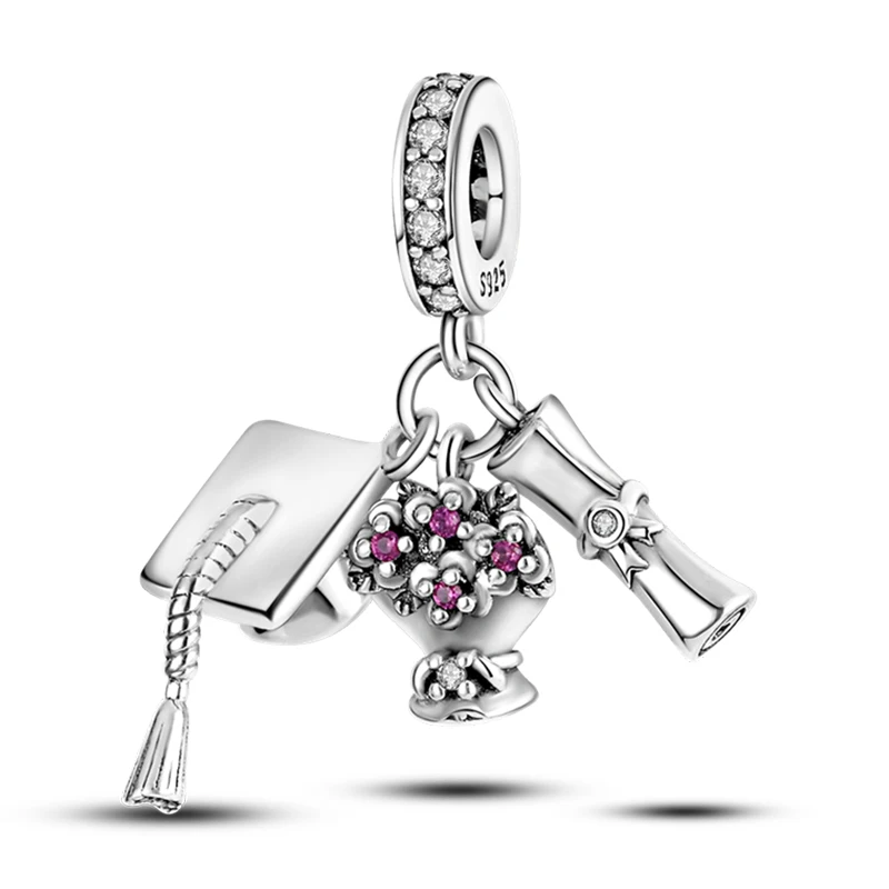 S925 Silver Color Graduation Certificate Bachelor's Hat Graduation Series Charms Beads Fit Pan Original Bracelets DIY Jewelry image 3