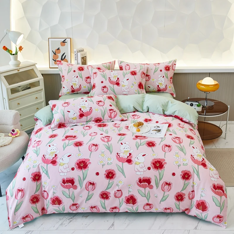 

Cute Cartoon Bunny Duvet Cover Twin, 4Pcs Soft Cotton Rabbit Botanical Floral Bedding Set Reversible Farmhouse Comforter Cover