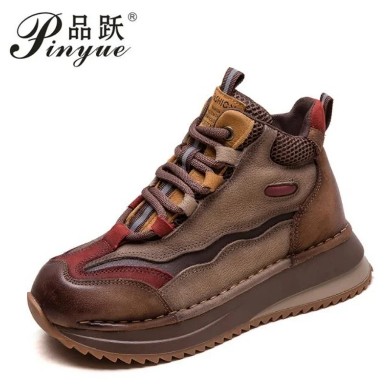 

4cm Women Boots Autumn Winter Mixed Colors Genuine Cow Leather Warm Ankle Boots Ladies High Top Casual Sneakers boots 35-40