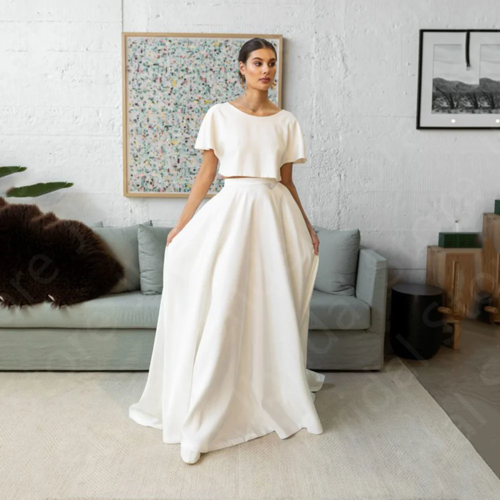 

Customized Latest Arrival Wedding Dresses White Two Pieces Bridal Gowns 2024 Short Sleeves Bride Dresses Round Neck Sweep Train