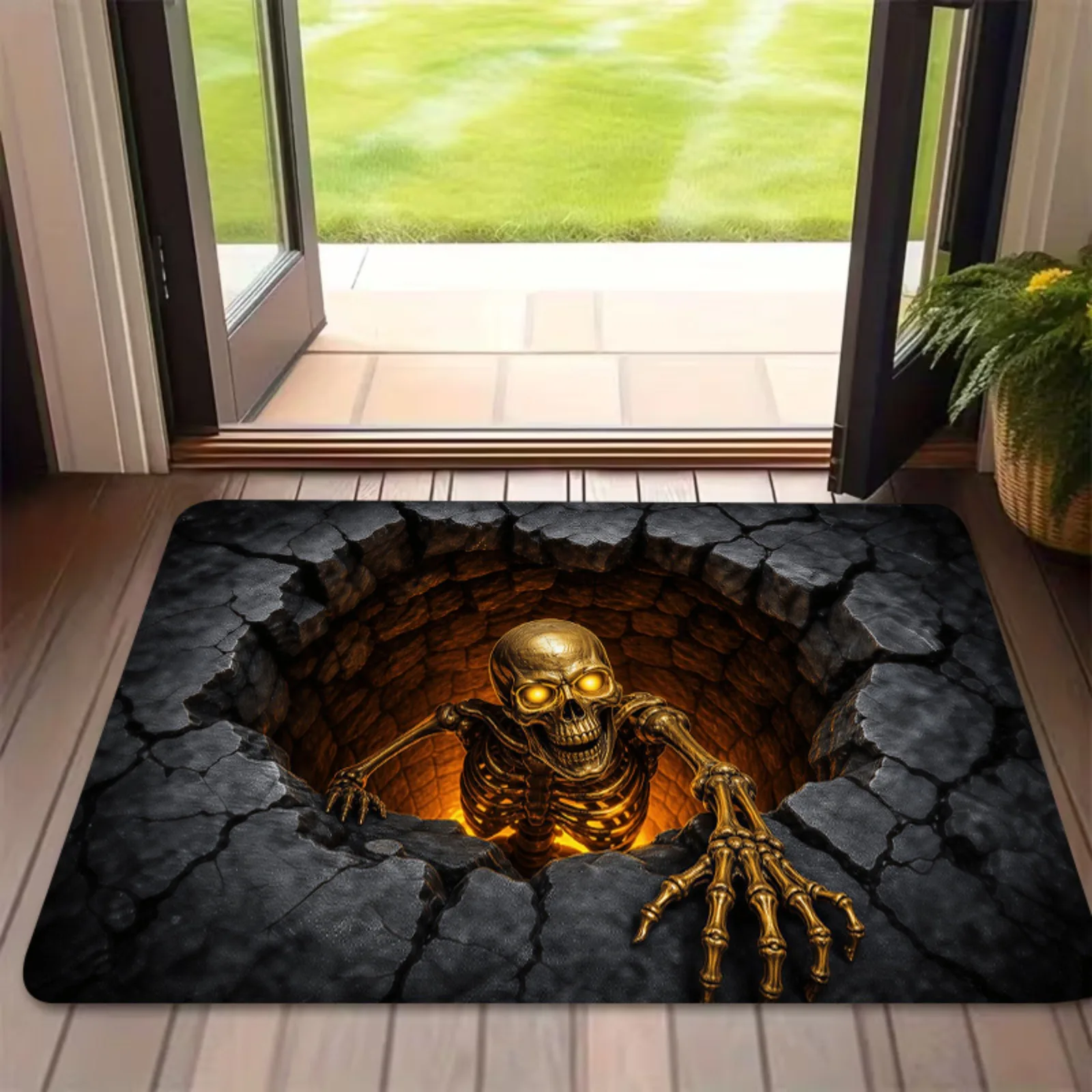 1pc Skull Horror 3D Visual Entrance Floor Mat, 2D Flat Printing, Non-Slip Machine Washable Easy to Clean Polyester Carpet, Suitable for Home And Outdoor Decoration, Entrance, Bedroom, Balcony, Gift Home Decoration