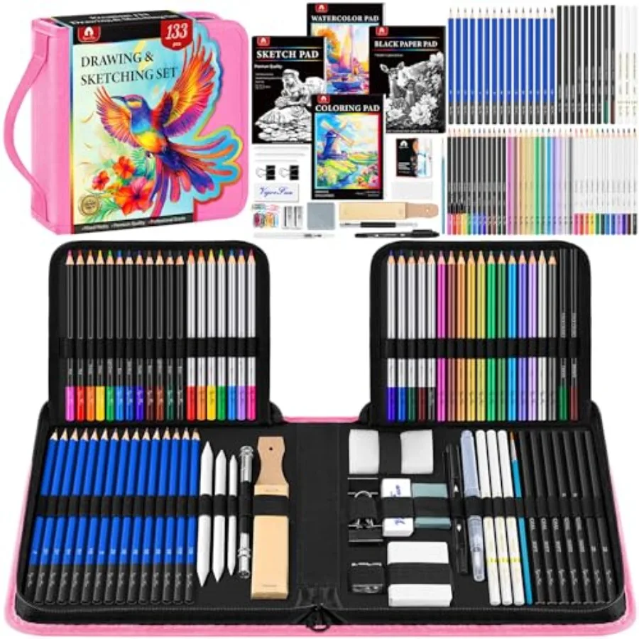 

133 PCS Art Supplies Sketching Kit, Pro Drawing Pencils with Sketchbook, Coloring Book, Watercolor Pad, Paper Pad, Colored Grap