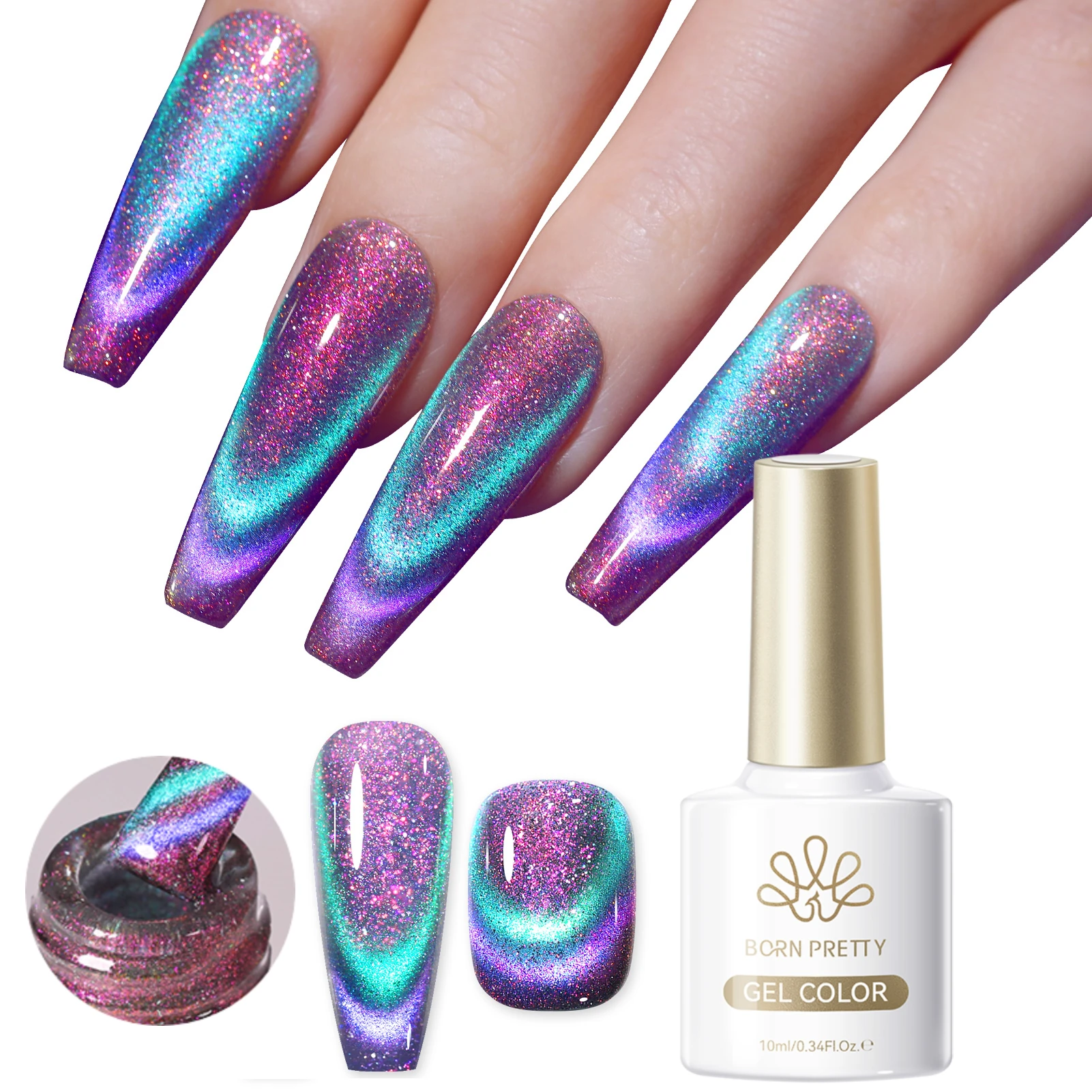 BORN PRETTY 10ml Doppelt Lichtreflektierender Glas-Katzen-Magnetgel Holographischer Aurora-Lack Abziehbarer UV/LED Funkelnder Nagellack