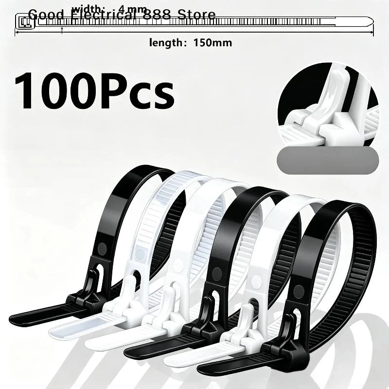 【G】100Pcs Removable Recyclable Black White Buckle Zip Ties Reusable Cable Straps Cable Lock Loop Nylon Ties