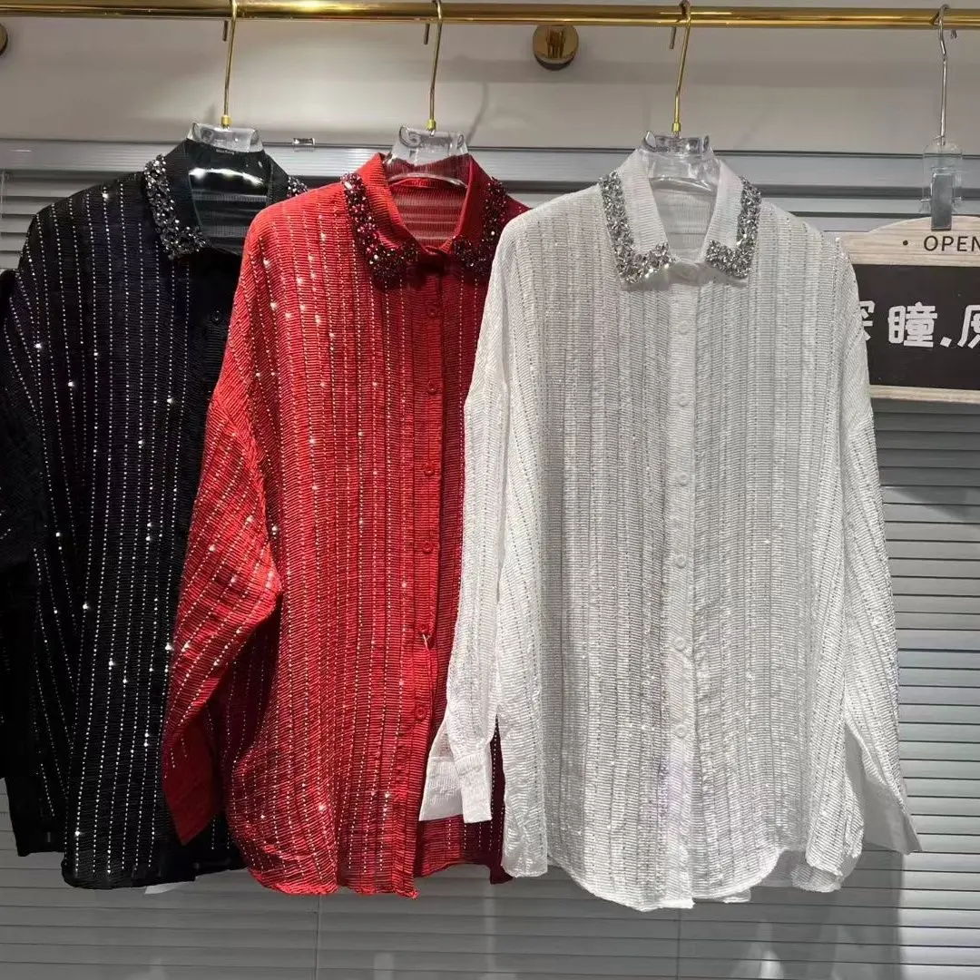 

Women Diamonds Beaded Collar Hot Drilling Striped Chiffon Shirt Rhinestones Blouses OL Single-breasted Cardigan Tops Blusas 2025