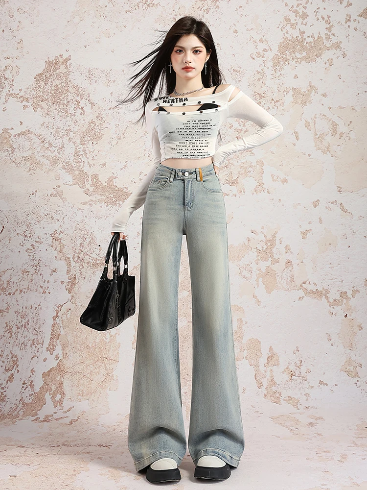 

Light Blue Embroidered Dachshund Dog Loose Wide Leg Jeans Women's Spring Autumn Casual High Waist Bell Bottom Pants
