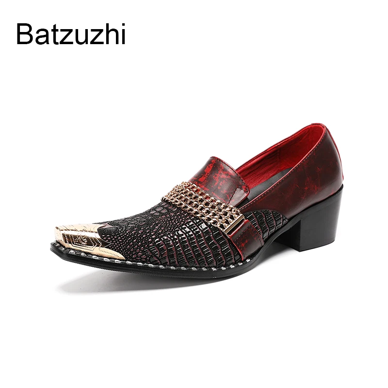 Batzuzhi Italian Type Men's Shoes Slip on Wine Red Leather Dress Shoes Man 6CM Heels High Fashion Party, Wedding Shoes for Man