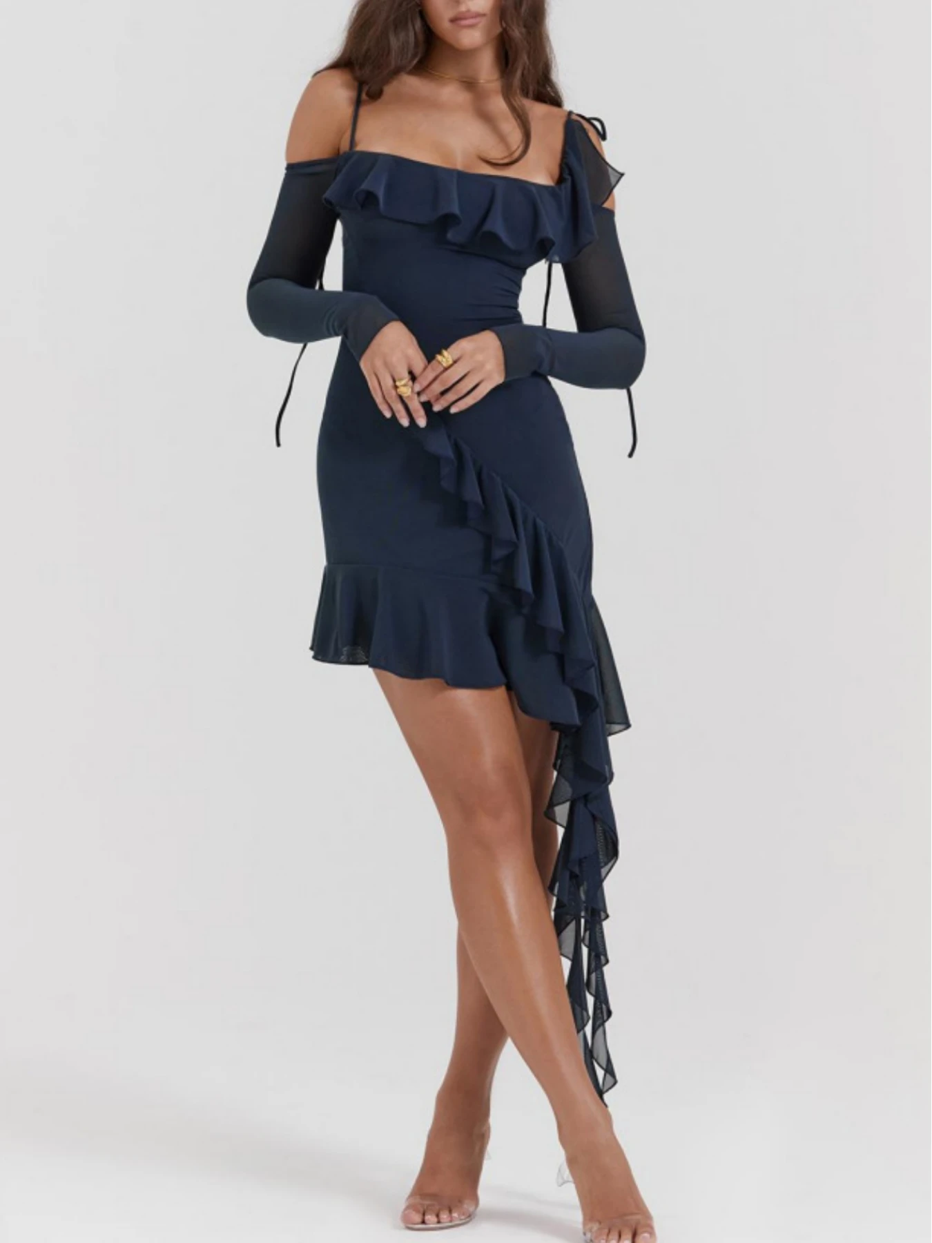 Mikydely Sexy Long-Sleeved Irregular Dress New Mesh Ruffled Skirt Covering Buttock Skirt