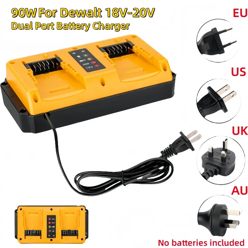 Caricatore portatile a doppia porta da 90 W per batteria al litio DeWalt 18 V-20 V, spina ricaricabile DCB207 DCB206 DCB204 DCB203 EU/US/UK/AU
