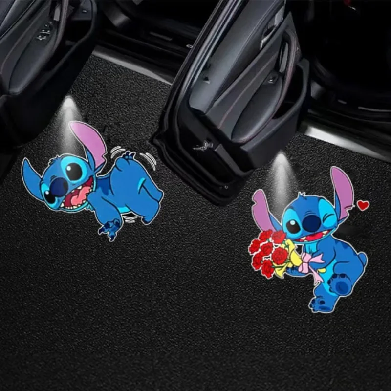 Disney Stitch Car Door Laser Projector Light Cartoon Cute Girls Vehicle Welcome Lights Wireless Laser Projector Car Accessories