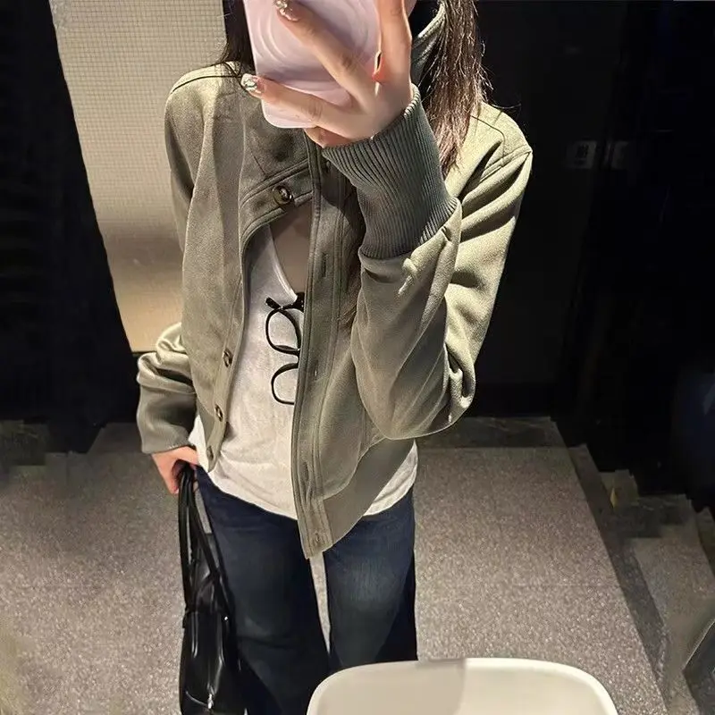 American Vintage High Street Outwear Casual Long Sleeve Slim Button Pure Color Striped Fashion High Neck Coat Woman 2025 Autumn