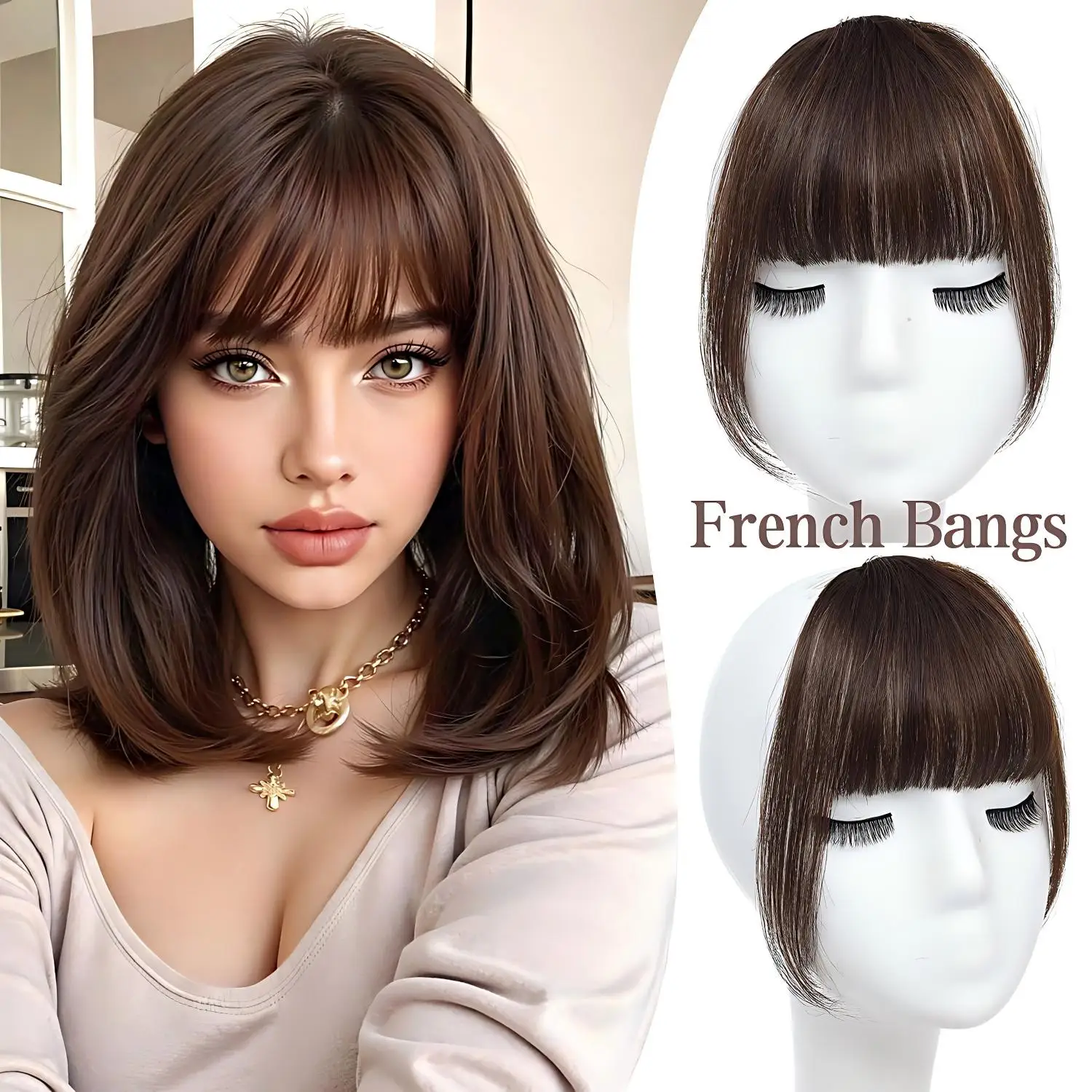 100% Real Human Hair Clip in Bangs French Curved Curtain Style Soft Layered Fake Bangs with Temples Heat Friendly Trimmable Hair