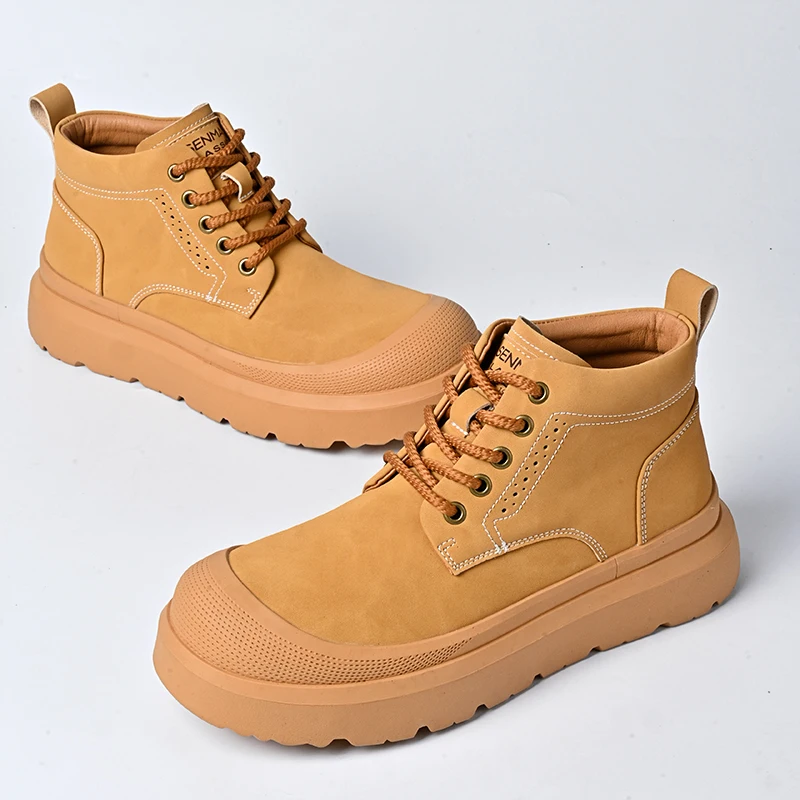 

Genuine Leather Mens Short Ankle Boots Fashion High Top Shoes Outdoor Male Motocross Boots All-match Travel Driving Shoes Botas