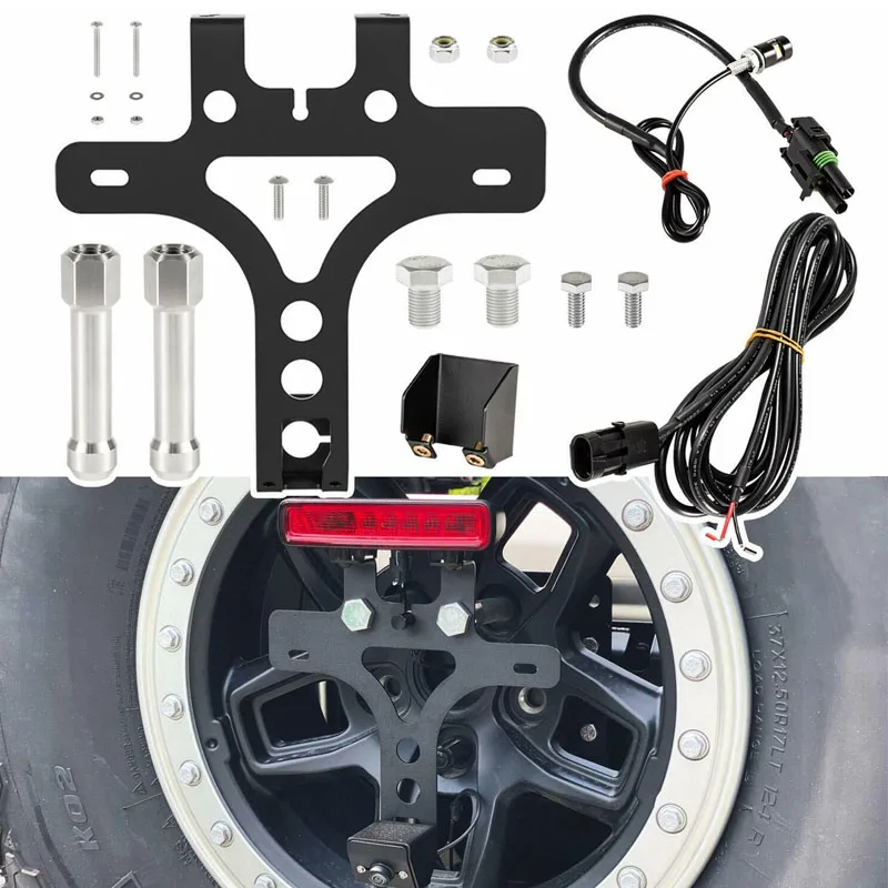 Rear Spare Tire License Plate Relocation Kit For 2018-2021 Jeep Wrangler JL JLU with  LED Light Wiring Harness & Connectors