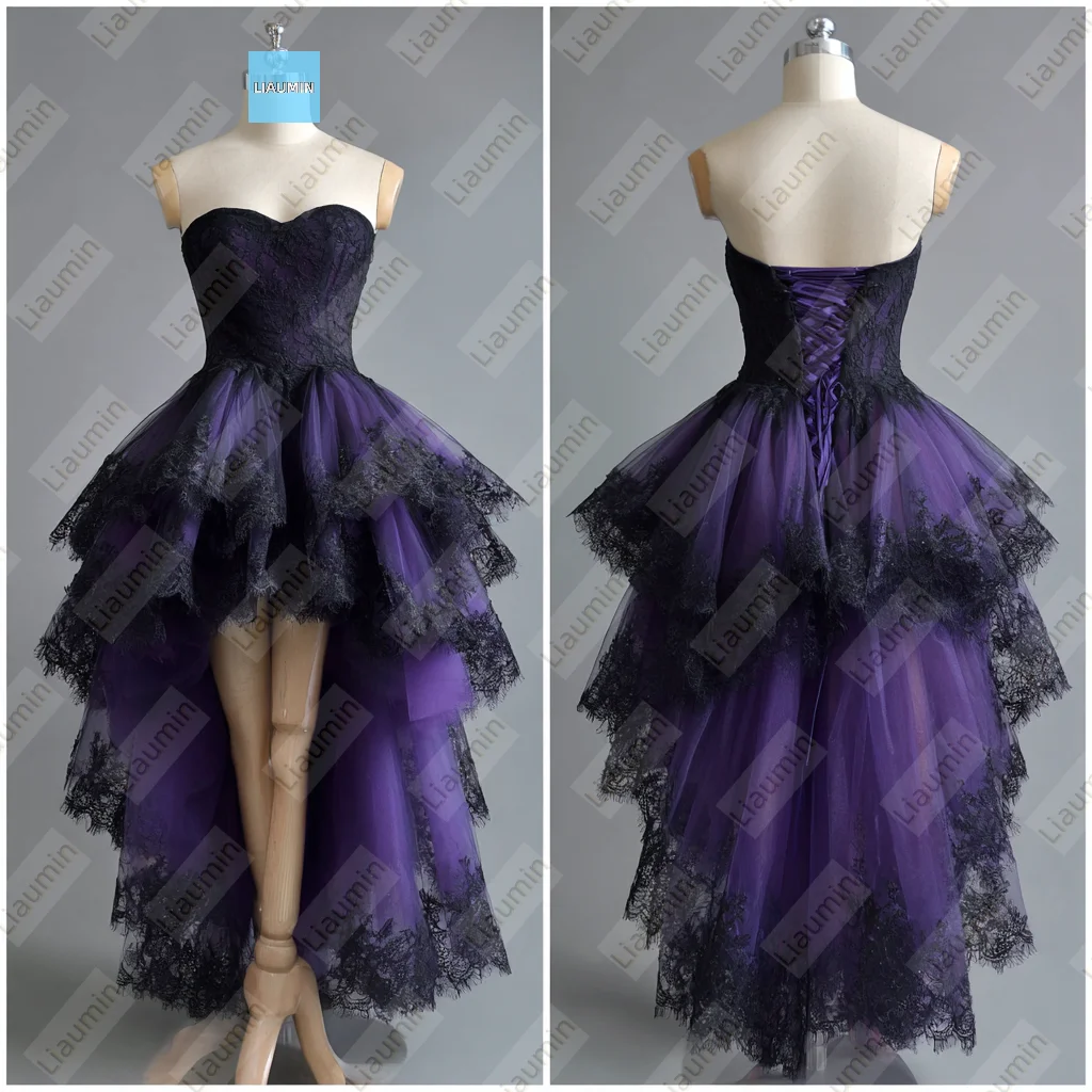 

Purple Tulle Strapless Black Lace Applique Hi-Lo Evening Prom Wedding Formal Dress Lace-up Back Customized Hand Made A7-1.78