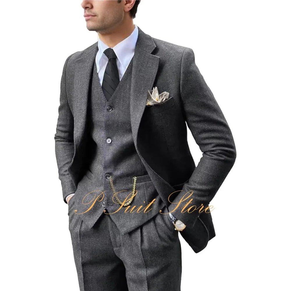 

Men Suits 3 Piece Set Tweed Herringbone Blazer Slim Fit Jacket Vest Pants Tuxedos Casual Wedding Groom Blazer Prom Men's Suit