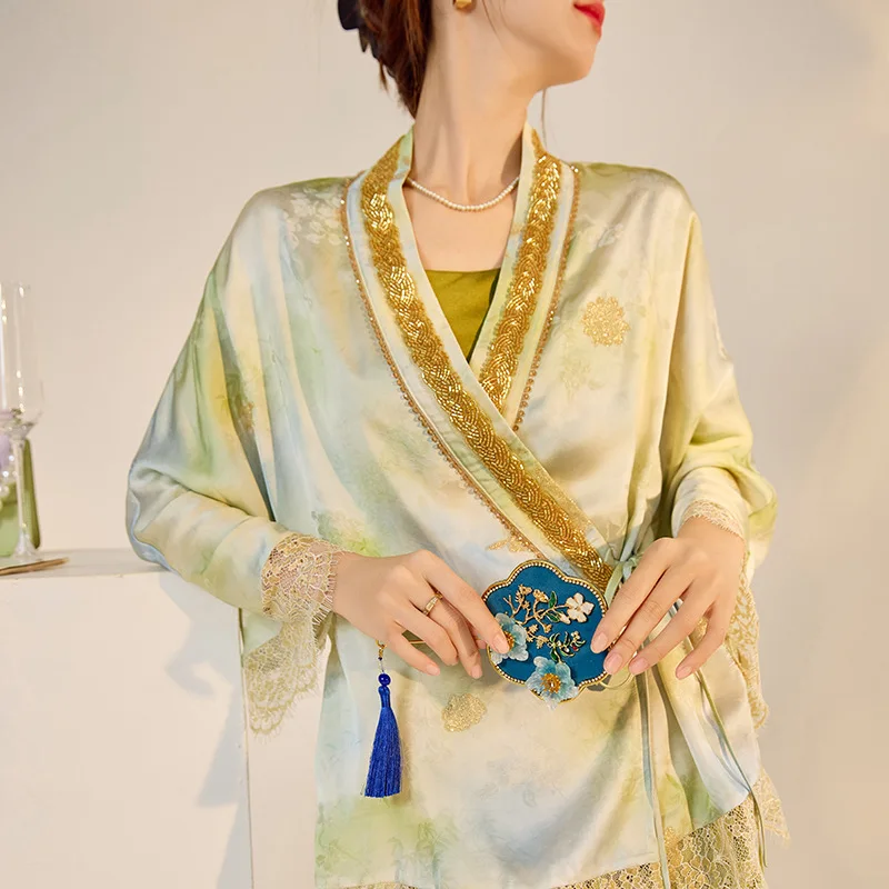 UMI MAO Chinese Style New Chinese Style High-end Embroidery Bead Lace Design Cardigan Jacket Acetate Suspender Skirt Set Women