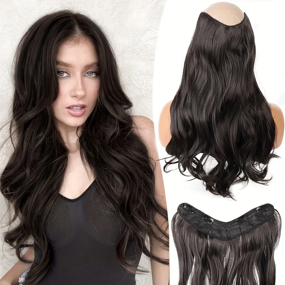 

Clip in Hair Extensions Synthetic V-Shaped Long Wavy Curl Full Head Hairpiece for WomenOne Piece Hair Extensions with 4 Clips fo