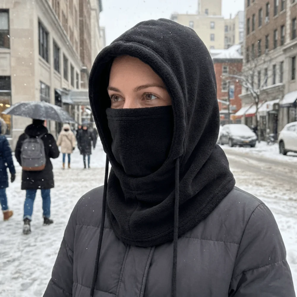 Holiday Plush Lined Balaclava Hat Zipper Closure Thermal Face Cover Scarf Windproof Warm Hand Washable Hooded Scarf Cycling